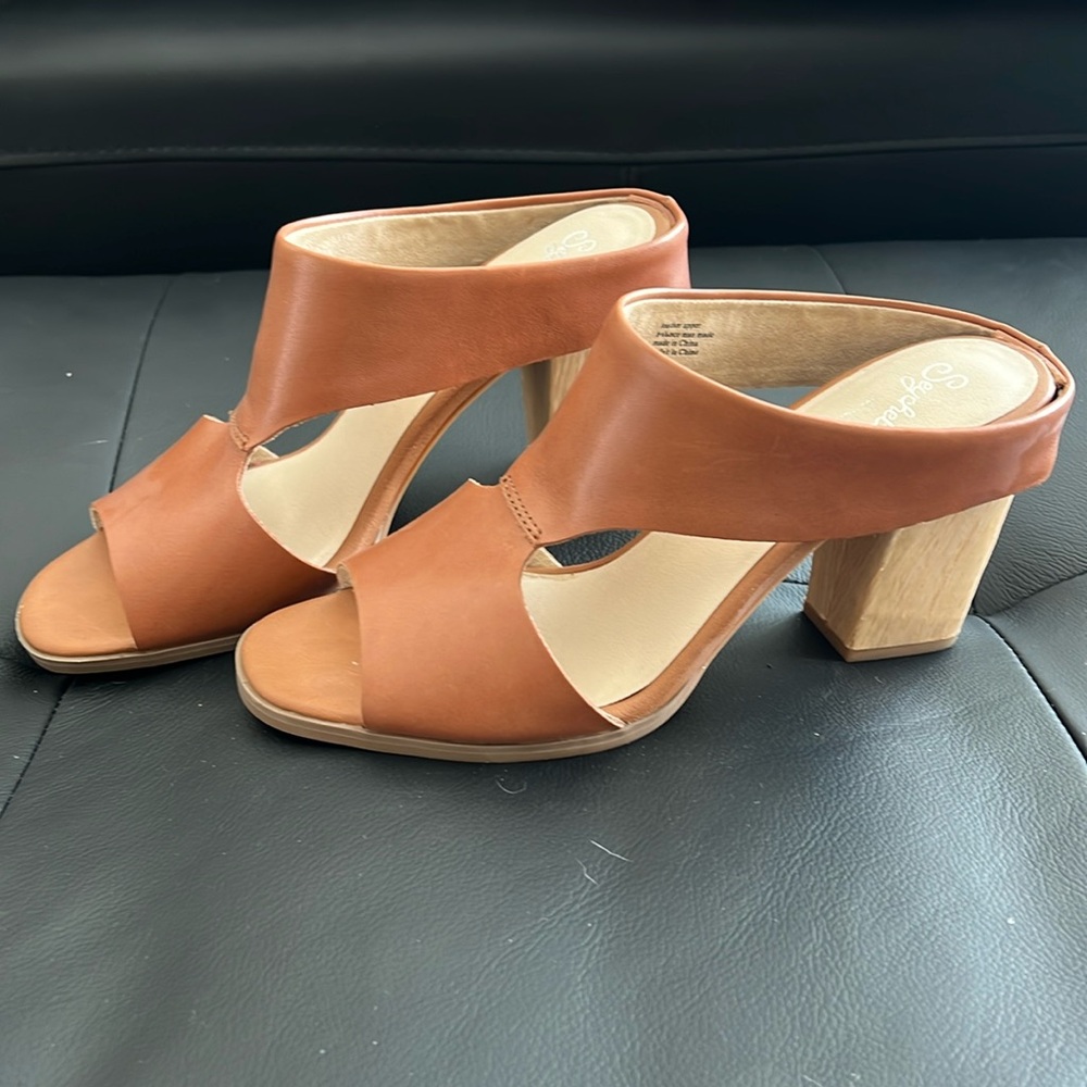 NWOT Seychelles Detour mules wood heel sandals tan brown leather 8.5